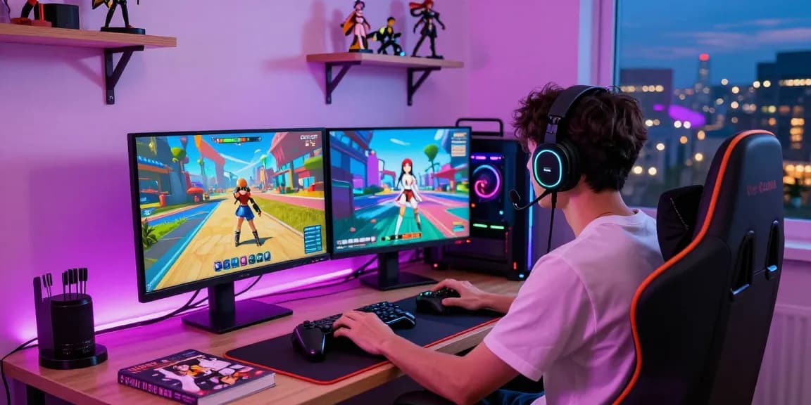 Engaging gaming scene with player enjoying a 3d hentai game on a desktop setup.