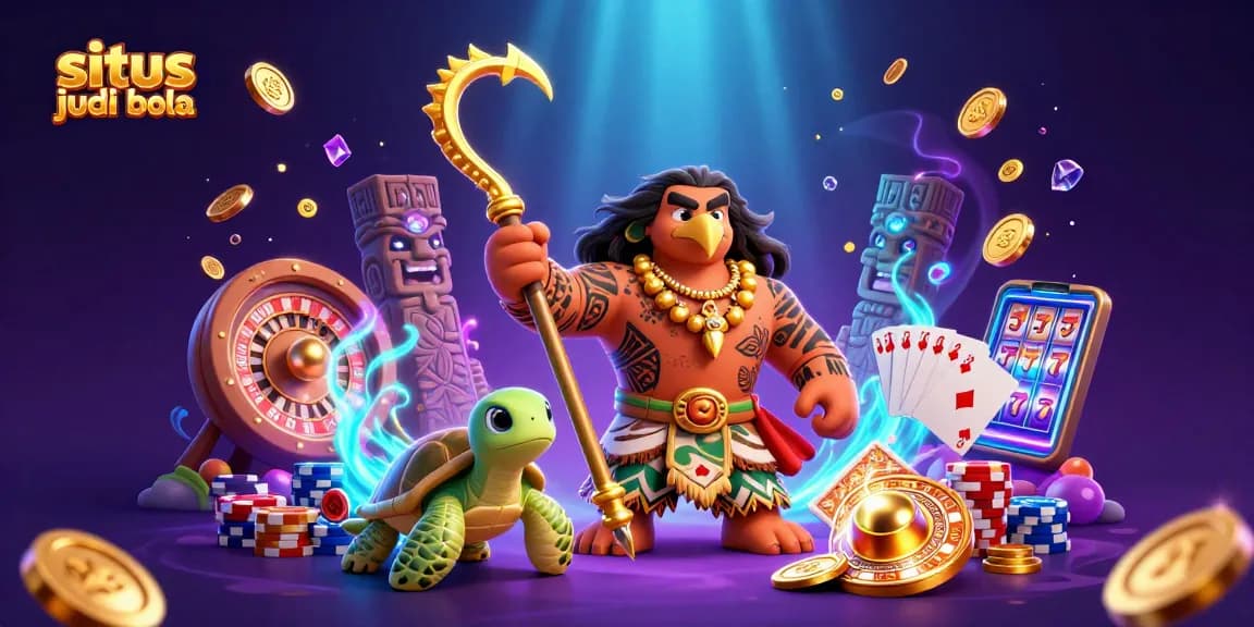Engage in situs judi bola thrills with vibrant 3D scene featuring casino elements and characters.