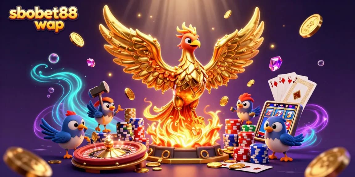 Experience the thrill of sbobet88 wap betting with dynamic golden phoenixes and casino elements.