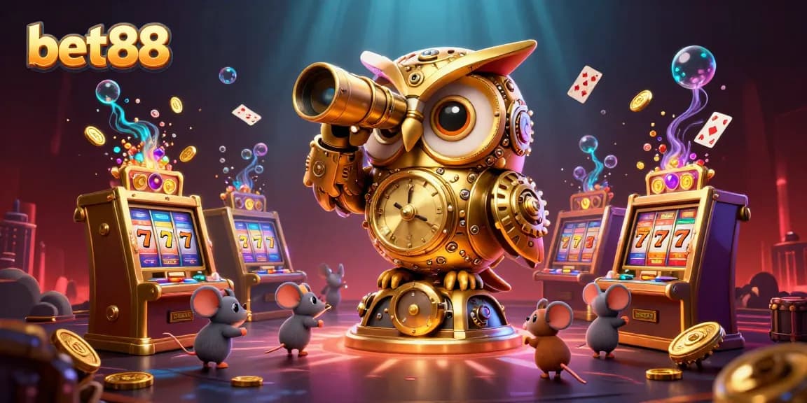 Experience excitement at bet88 with a dynamic casino scene featuring an animated owl and charming mice.