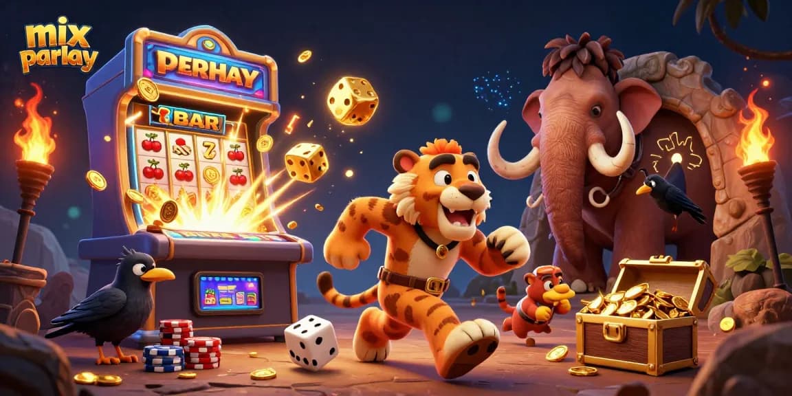 Experience mix parlay excitement in a prehistoric casino with a caveman duo and exciting game elements.