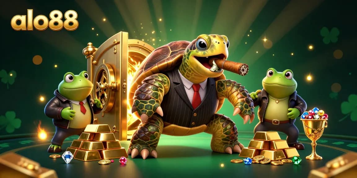 Enjoy thrilling moments of gambling at alo88 with this vibrant casino scene featuring cartoon characters and treasures.