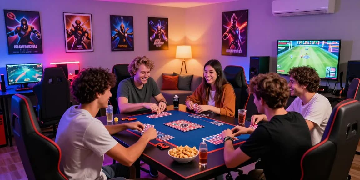 Group of friends enjoying sunwin gaming session in a vibrant lounge atmosphere.