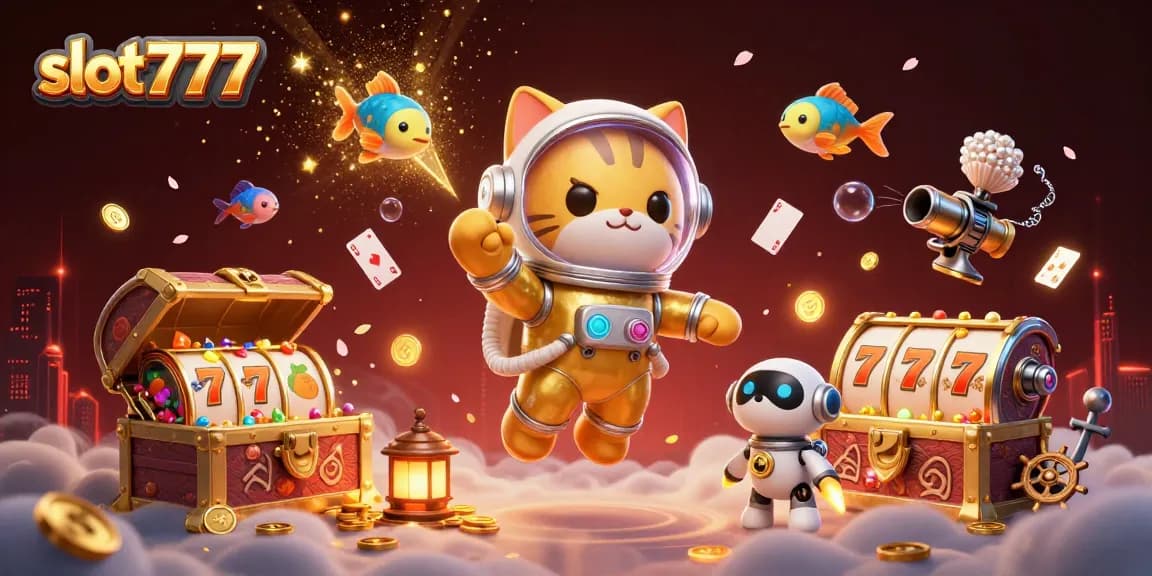 Spin the reels on slot777 with this vibrant 3D cosmic scene featuring gambling elements and fun characters.
