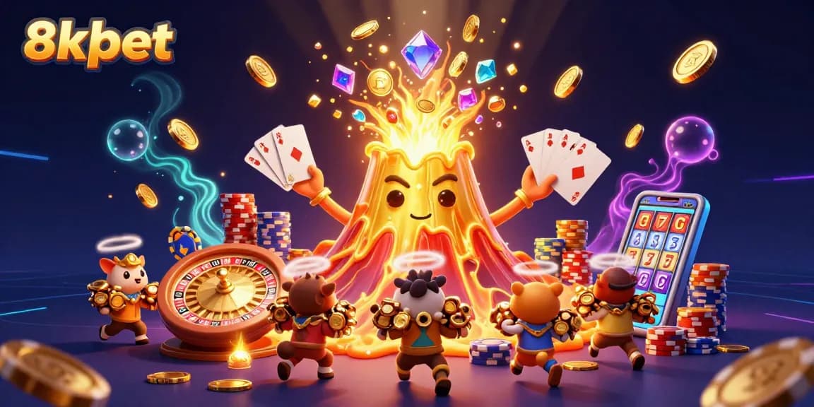 Experience the excitement of 8xbet with a dynamic scene of a golden volcano erupting treasures.