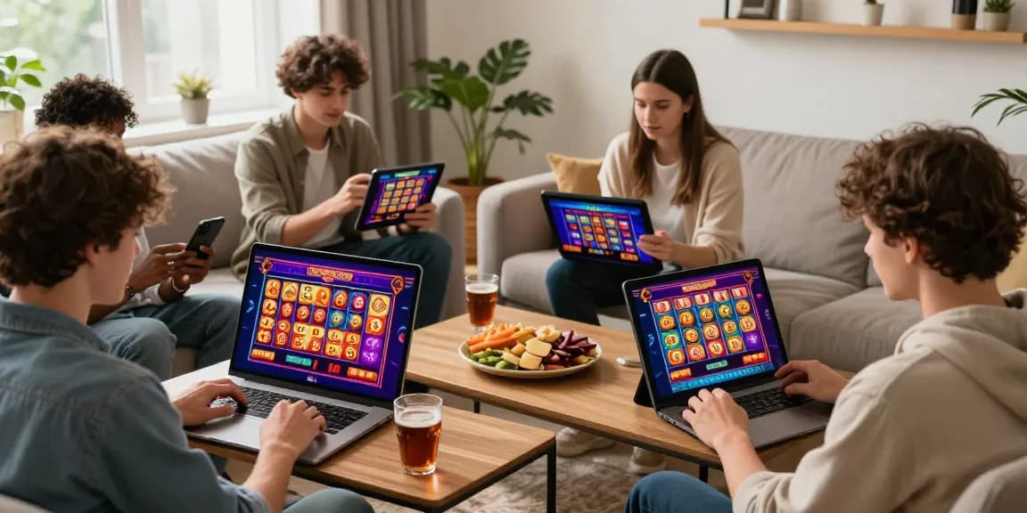 Para pemain di DIANA4D memainkan togel dan slot online dengan antusias di ruang tamu yang nyaman.