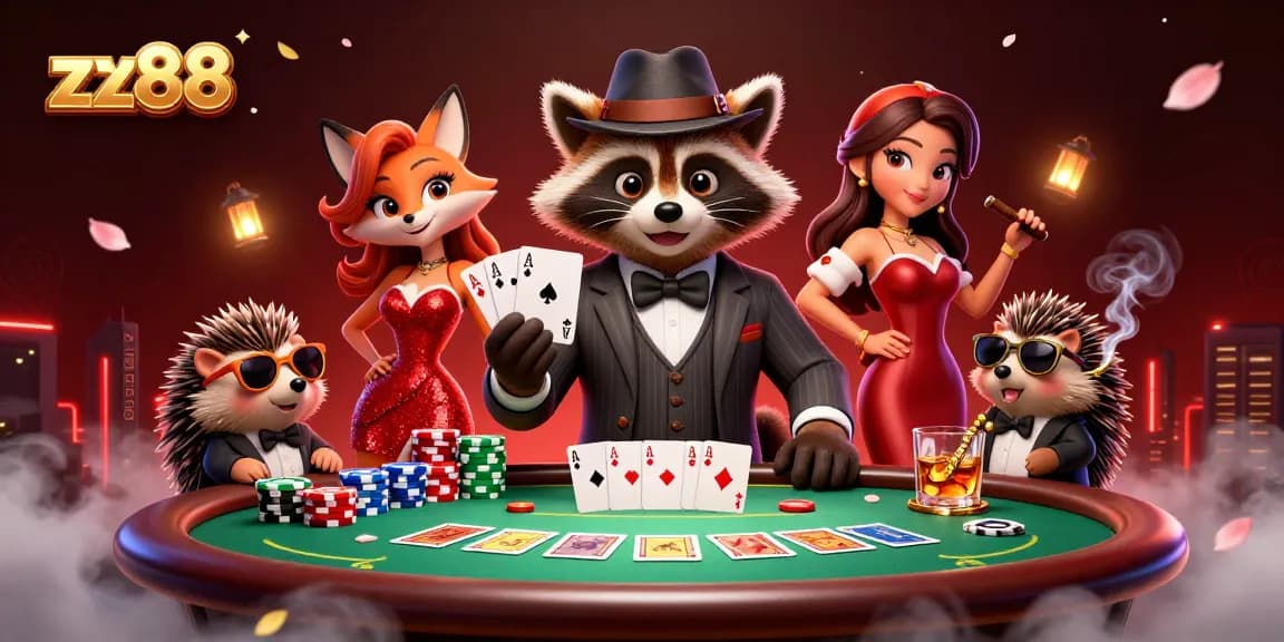 Experience thrilling gameplay at zx88 with a suave raccoon, elegant fox, and vigilant hedgehog amidst vibrant poker elements.