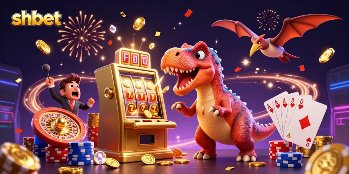 shbet players celebrating big wins as a dinosaur headsbutts a slot machine surrounded by coins and colorful elements