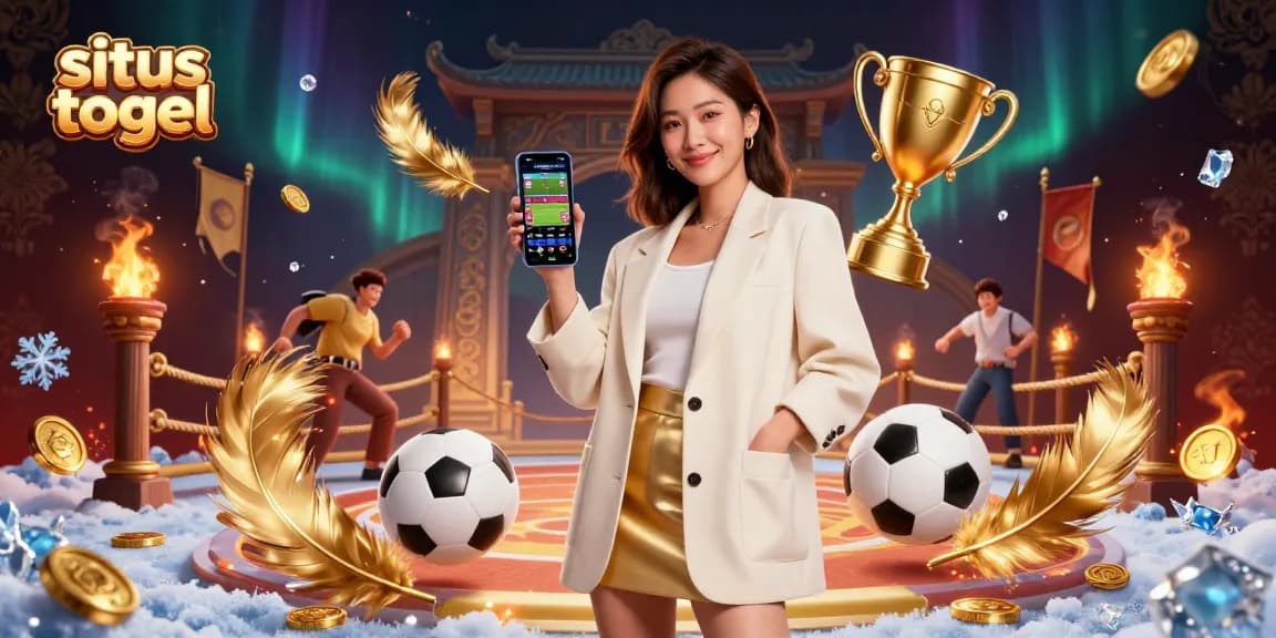 Situs togel betting strategies illustrated by an Asian woman engaging with a sports betting app amidst rich casino elements.