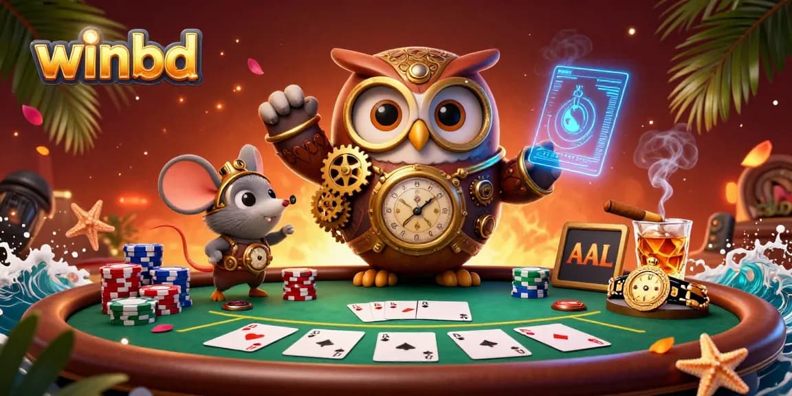 Experience thrilling gameplay at winbd with a time-traveler owl and a poker scene full of vibrant casino elements.