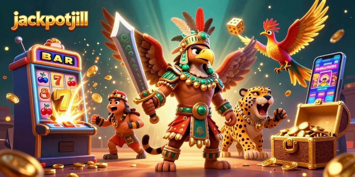 Experience thrilling wins with jackpotjill as Aztec warriors celebrate slot victories amidst a treasure overflow.