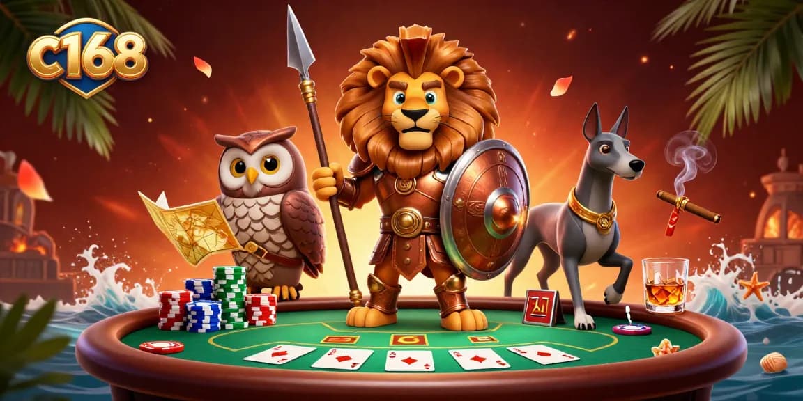 Experience high-stakes poker action with c168's dynamic gaming scene featuring epic characters.