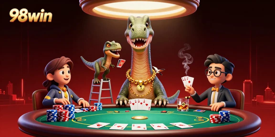 Experience a vibrant casino scene featuring 98win with a brontosaurus and raptor at the poker table.