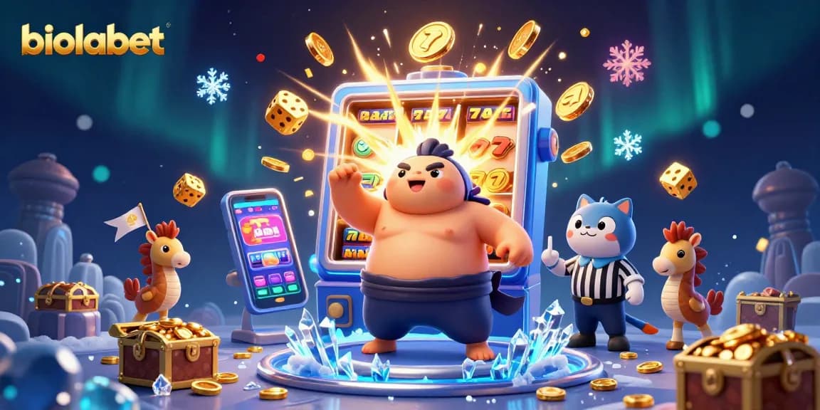 Rasakan kemenangan besar di biolabet dengan ilustrasi 3D yang menampilkan mesin slot dinamis, karakter berwarna-warni, dan elemen kasino yang mengasyikkan.