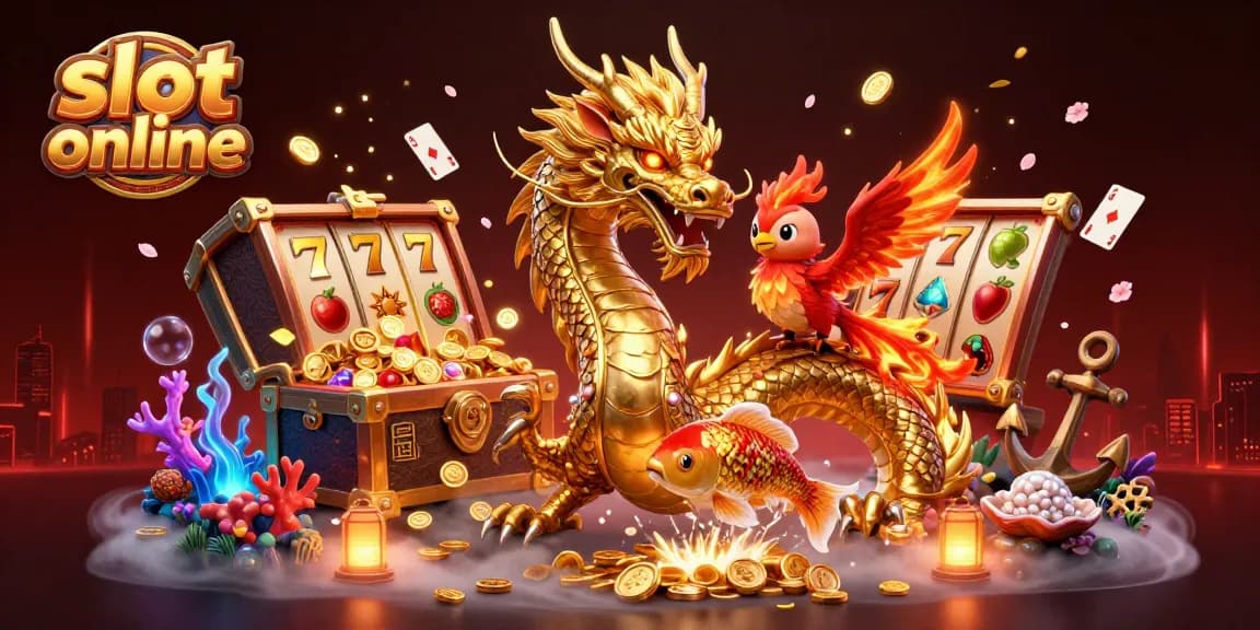 Spin exciting slot online games with a golden dragon, phoenix, and koi fish in a vibrant casino scene