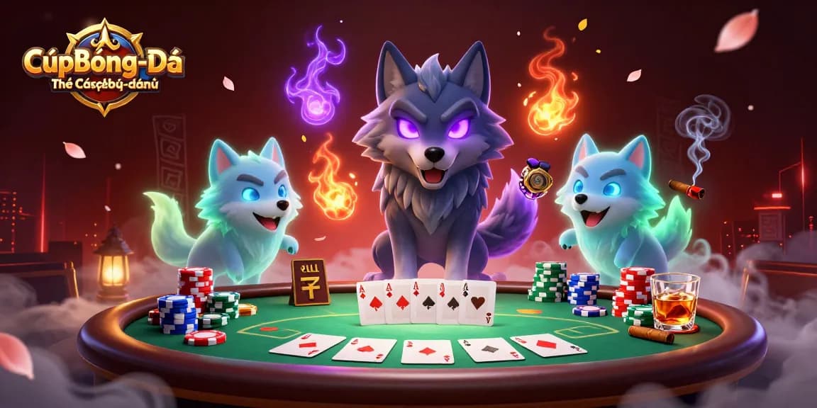 CúpBóngĐáThếGiớiCácượcbóngđánữ captures an epic poker scene with mystical wolves and vibrant gambling elements.