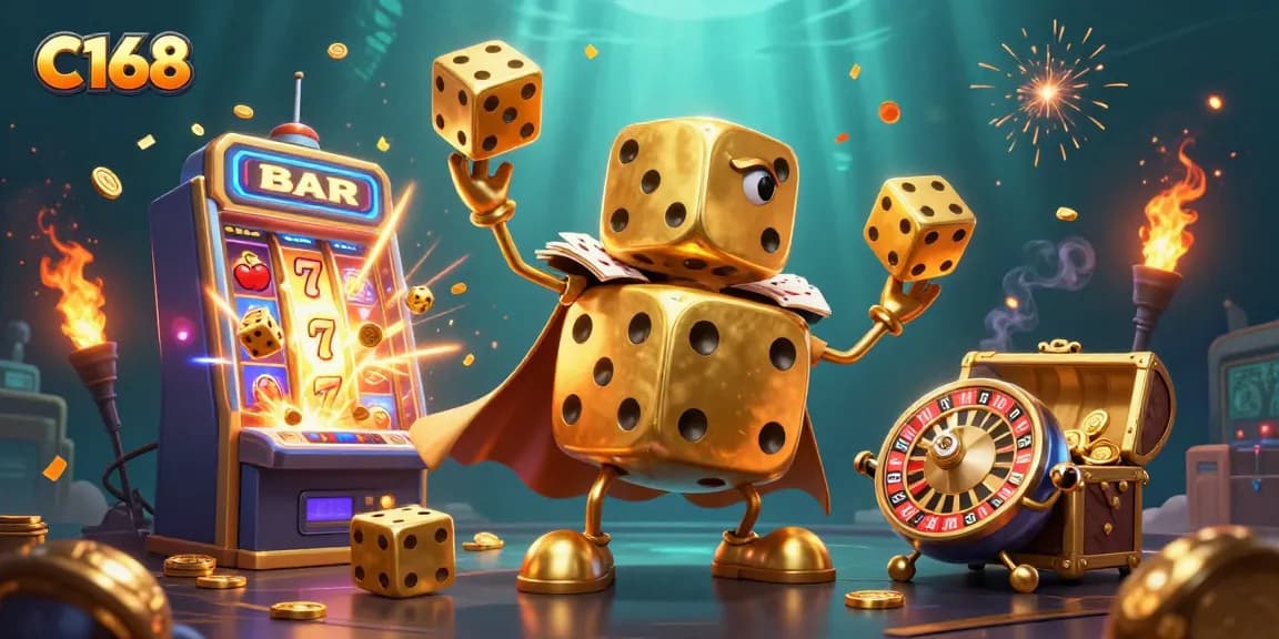 Spin for rewards at C168 with a lively scene of golden dice and exciting casino elements.