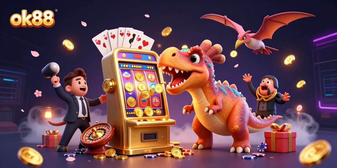 ok88 engaging casino action with cartoon dinosaur and slot machine jackpot chaos amidst vibrant gaming elements