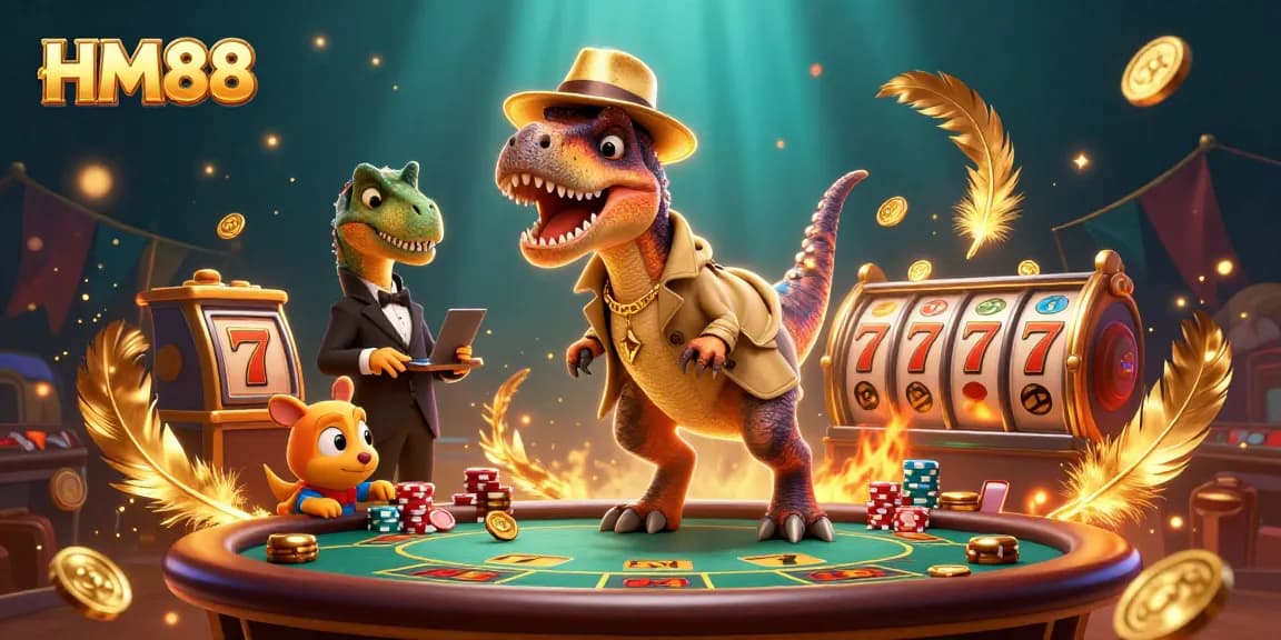Experience thrilling gameplay at HM88 with a clever velociraptor card counter in a vibrant casino setting.