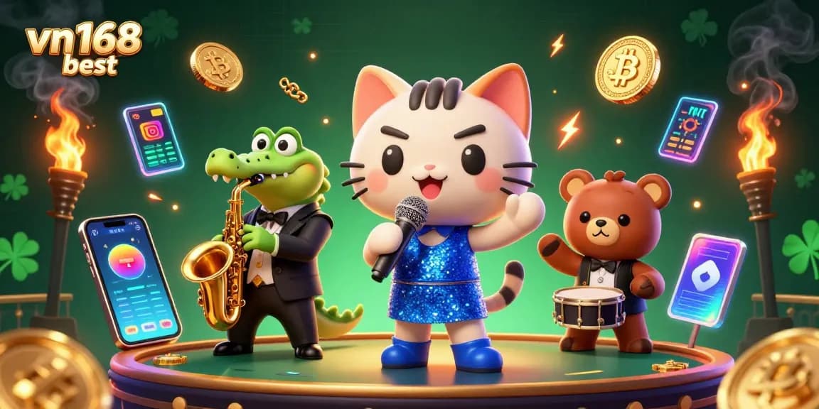 Engage with vn168 best at the dynamic casino stage featuring a jazz-singer cat, saxophone crocodile, and drum cub.