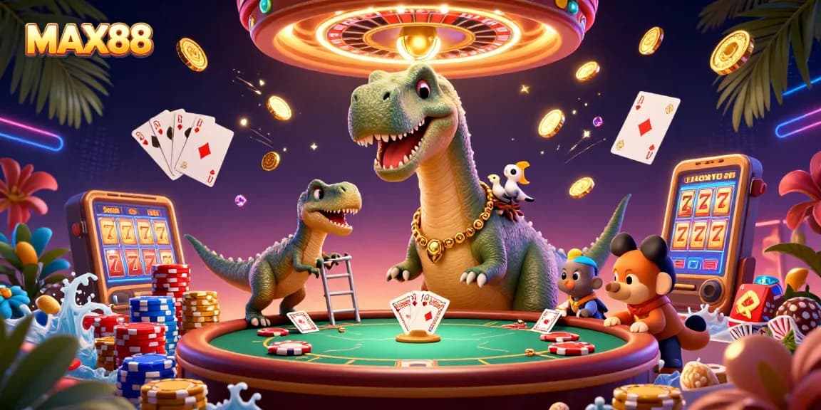 Engage with MAX88's vibrant casino experience featuring playful dinosaur characters and exciting game elements.