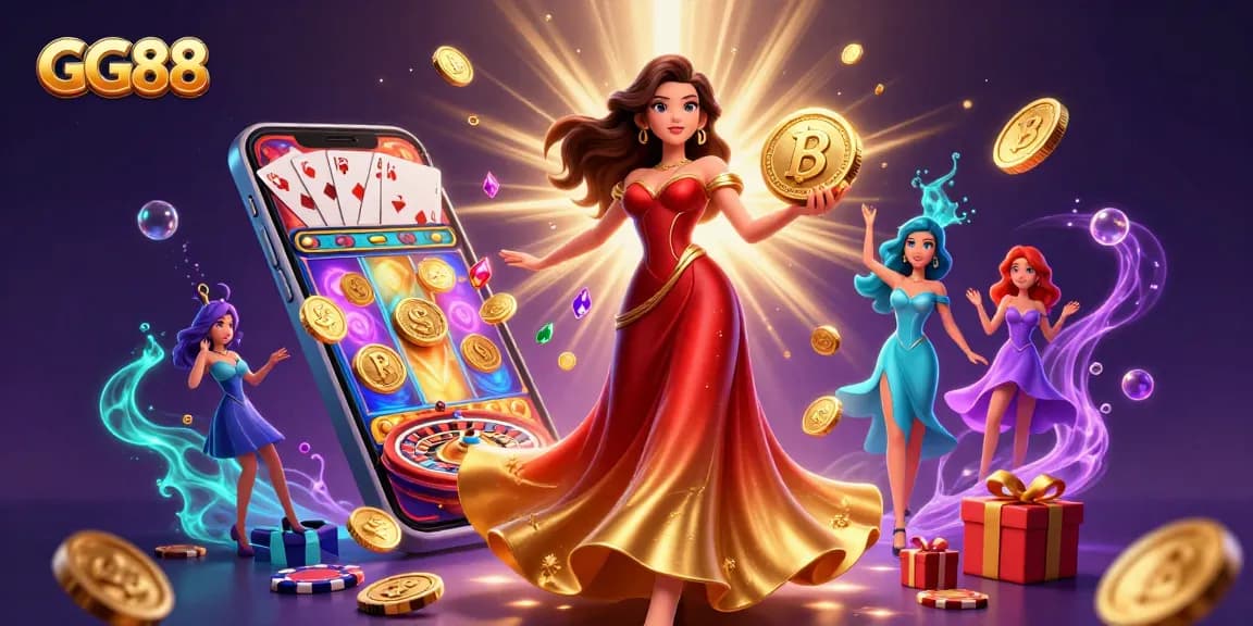Experience winning at GG88 with a vibrant 3D illustration of gameplay elements and golden rewards.