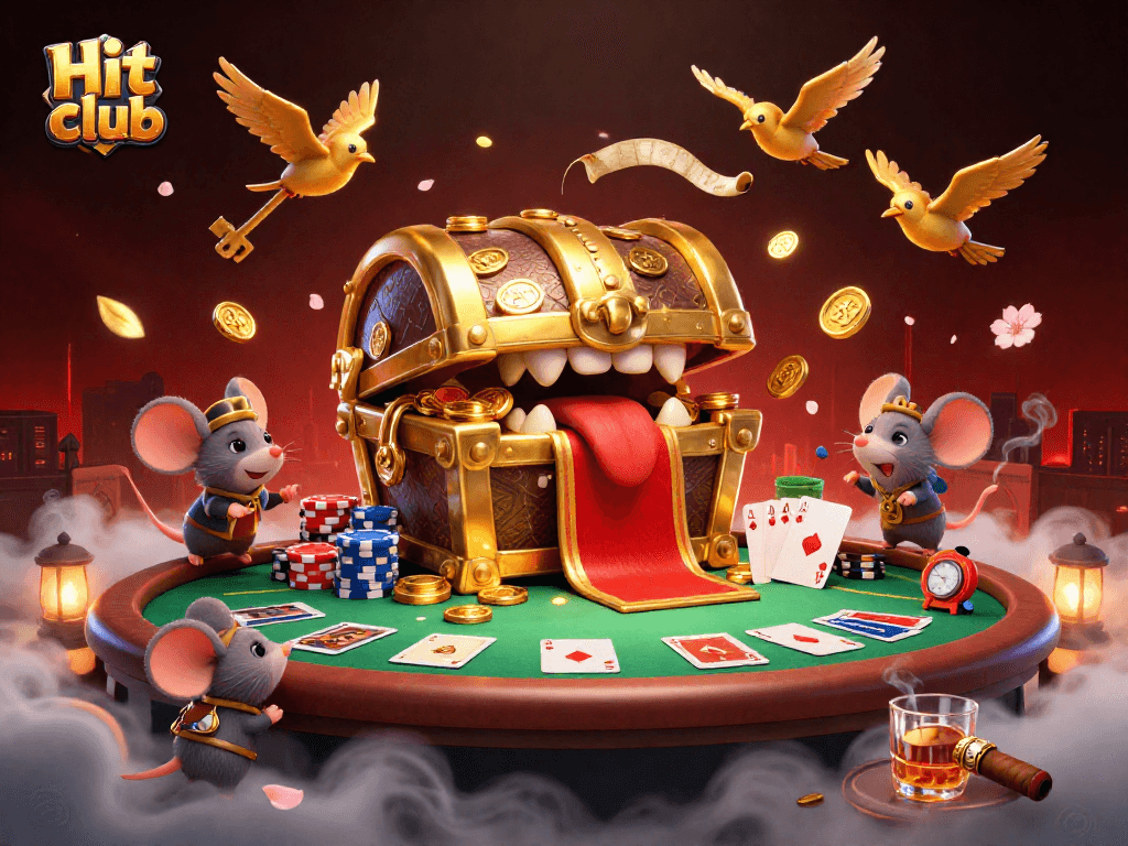 Hit club illustration showcasing a treasure chest and poker elements amidst a dynamic casino atmosphere.