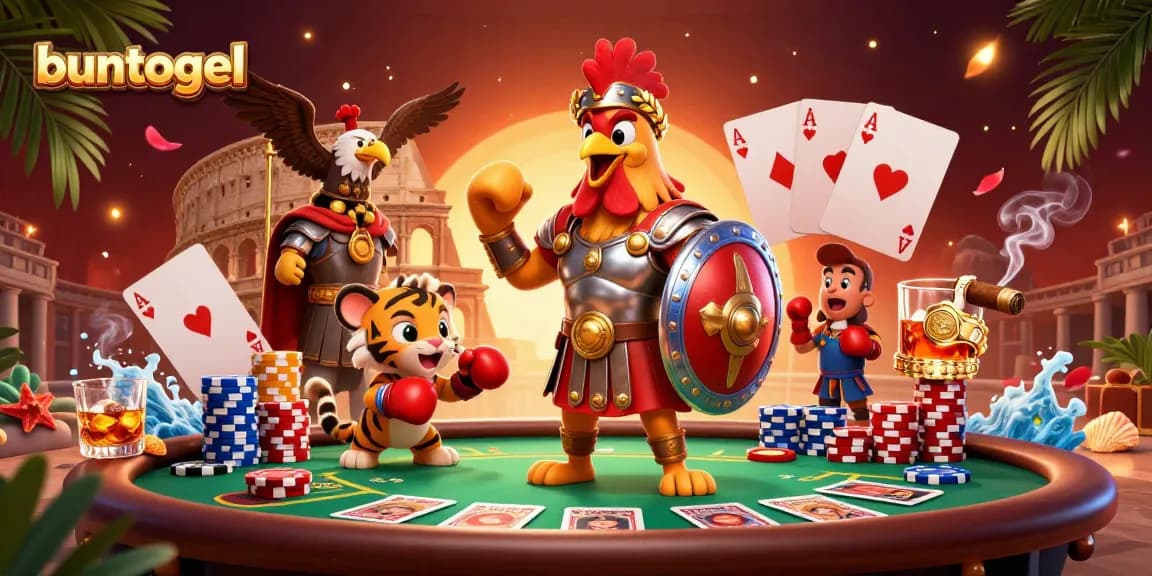 Buntogel players enjoy dynamic action at the casino with a rooster gladiator, sparring cub, and poker games.