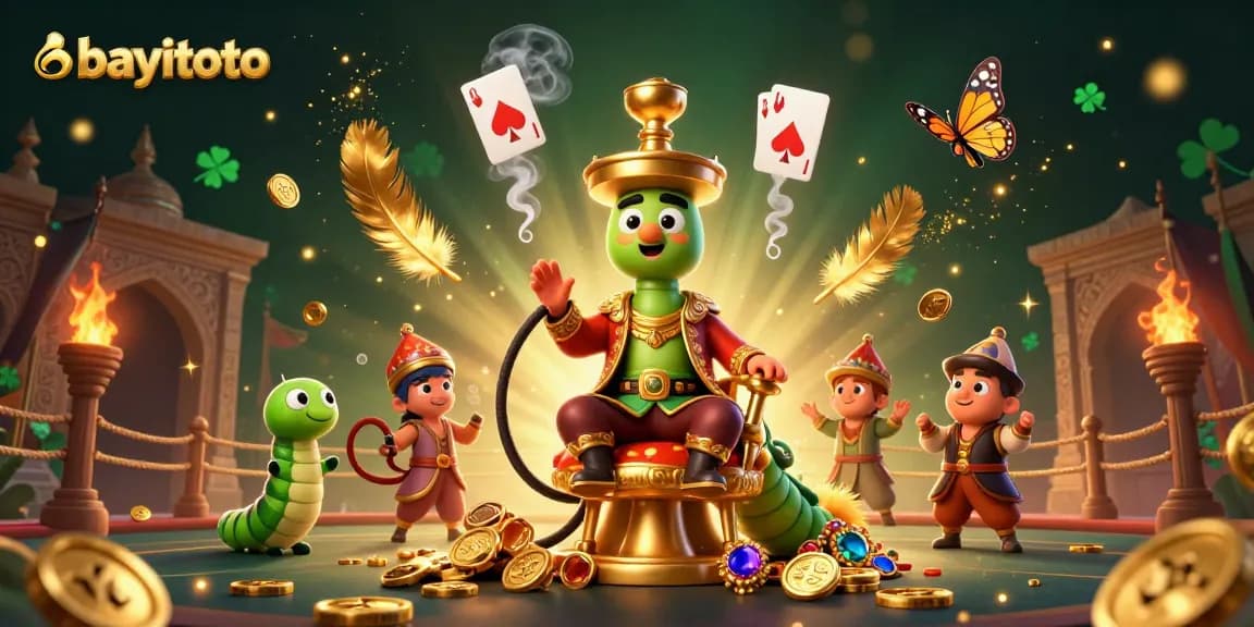 Bet on exciting games with bayitoto in a vibrant 3D casino scene featuring a hookah-master and golden tokens.