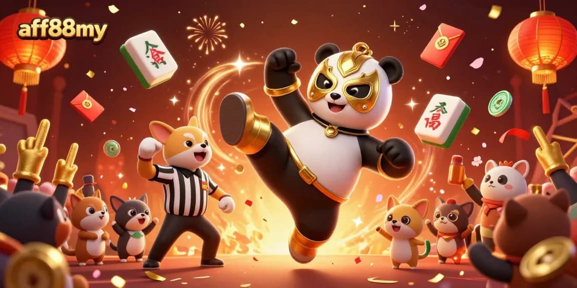 Join the fun with afb88my as our panda wrestler kicks off an exciting casino celebration.
