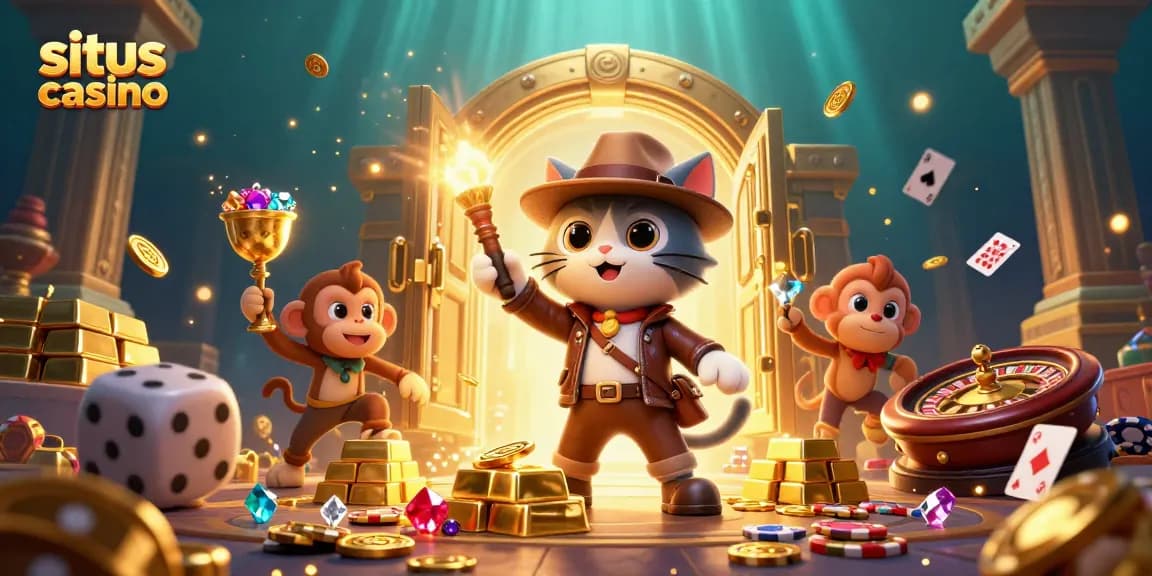 Experience excitement at situs casino with a cartoon archaeologist cat and monkey discovering treasures and gaming elements.