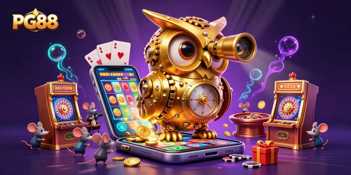 Engage in thrilling games at PG88 with a lively scene featuring a golden owl and casino delights.