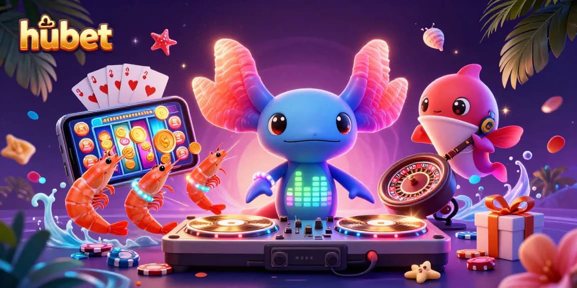 Play exciting games with hubet in a vibrant underwater casino scene featuring a DJ axolotl and dancing shrimp.