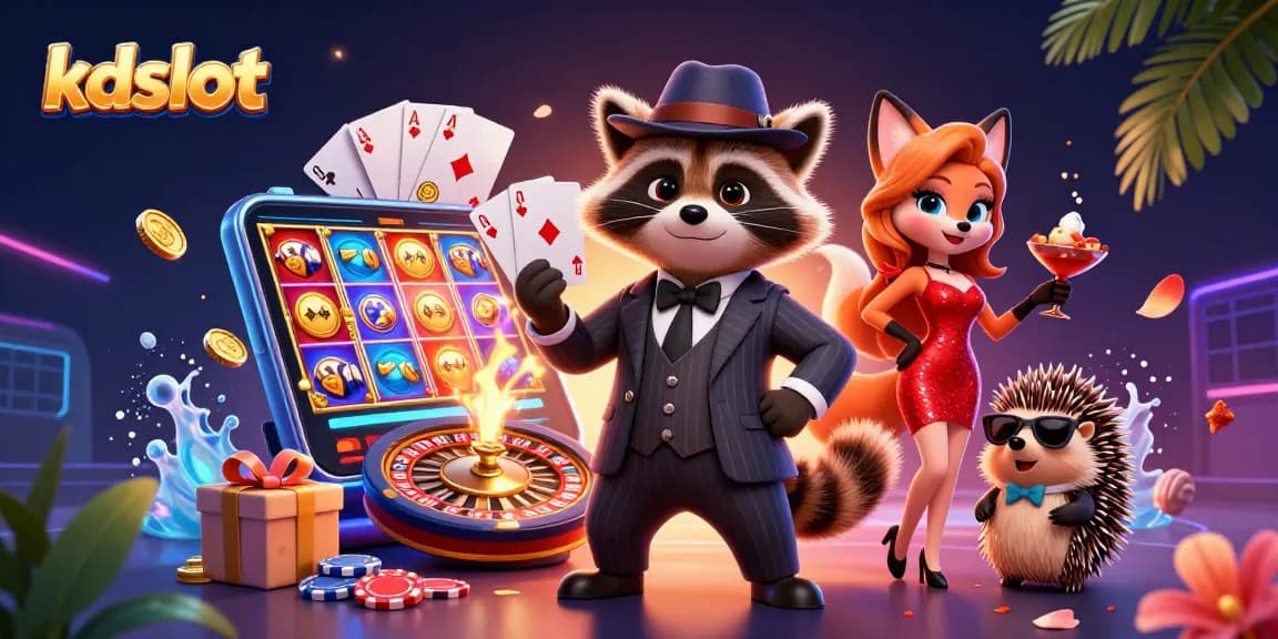 Engage with kdslot's vibrant gaming scene featuring a suave raccoon and charming fox at a casino.