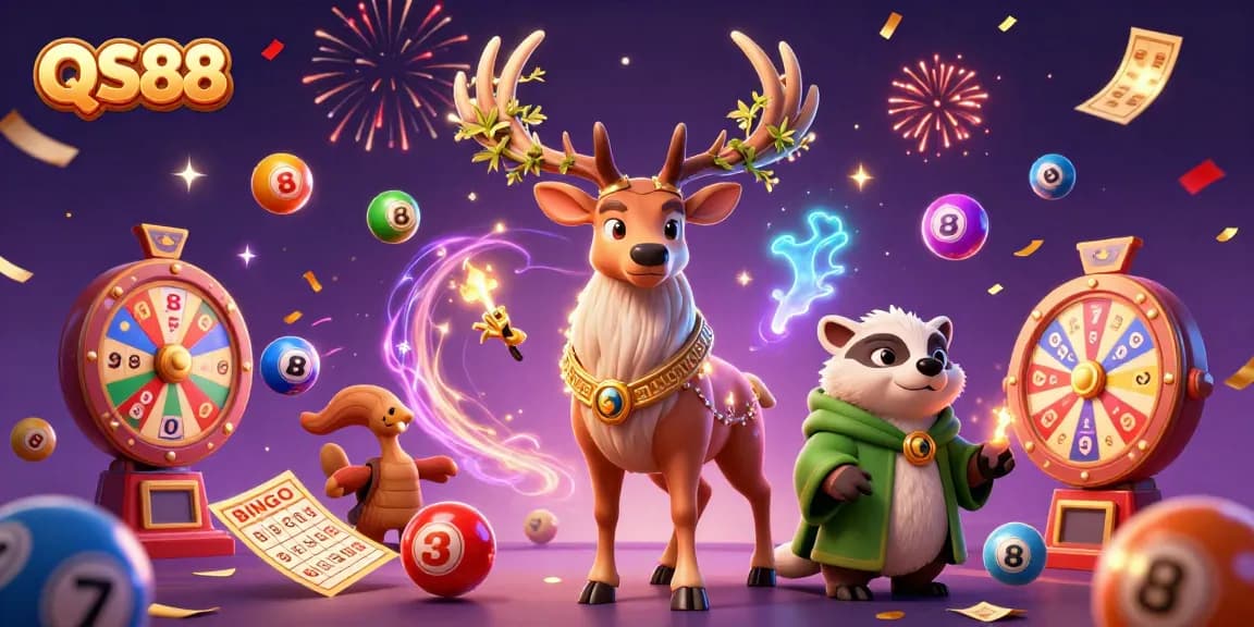 Experience the excitement of QS88 with vibrant gaming elements and enchanting characters in a lively casino scene.