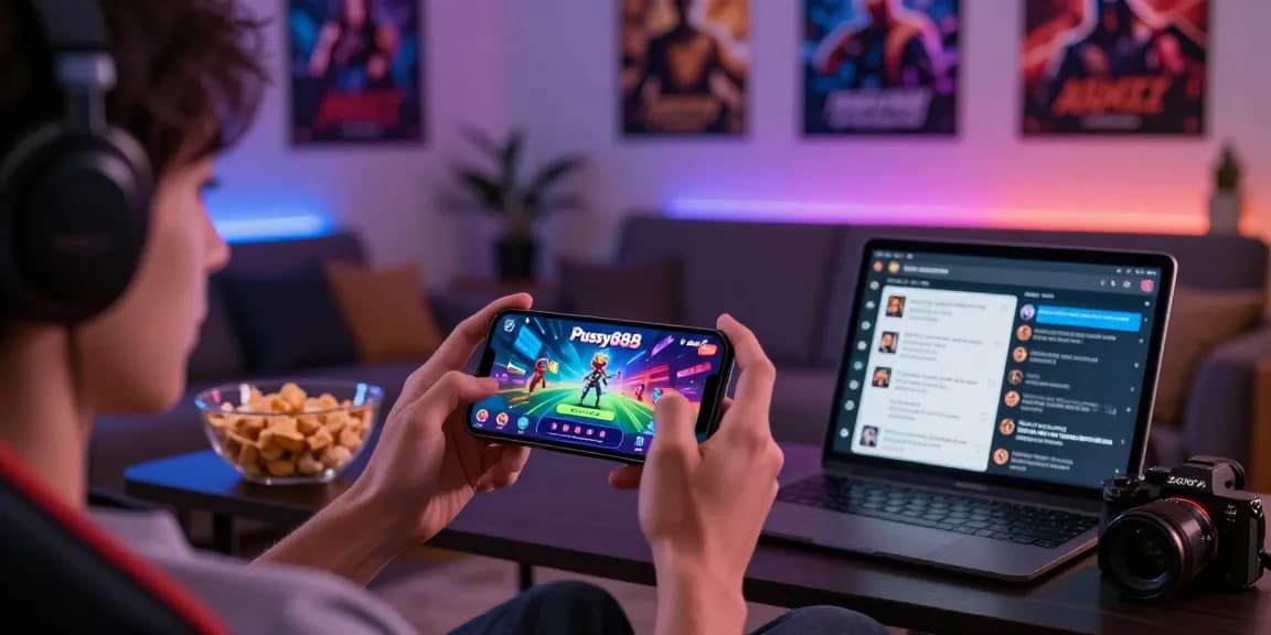 Pussy888 gaming experience in a cozy living room with vibrant smartphone interface and snacks.