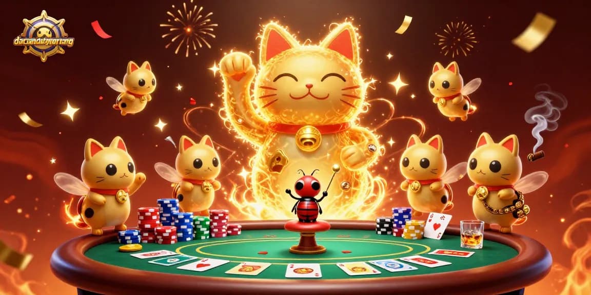 Play exciting games at dacsandatphanrang, featuring a vibrant lucky cat and poker elements. Experience the thrill of gaming!