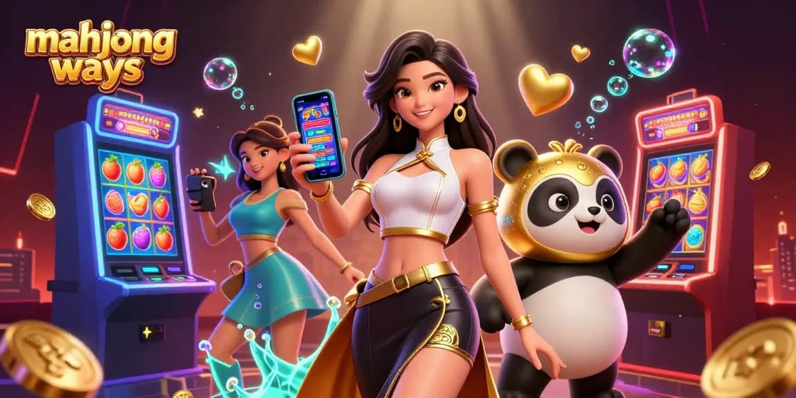 Spin and win with mahjong ways, featuring a joyful Asian woman in a dynamic casino scene with golden panda and slot machines.