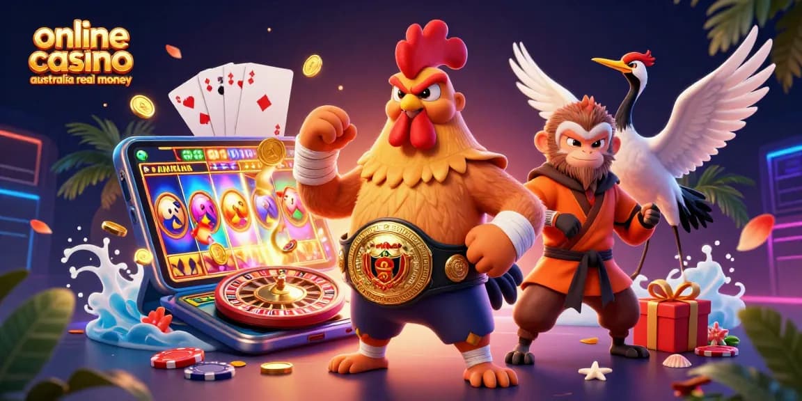 Experience online casino Australia real money gaming action with vibrant characters and dynamic elements.