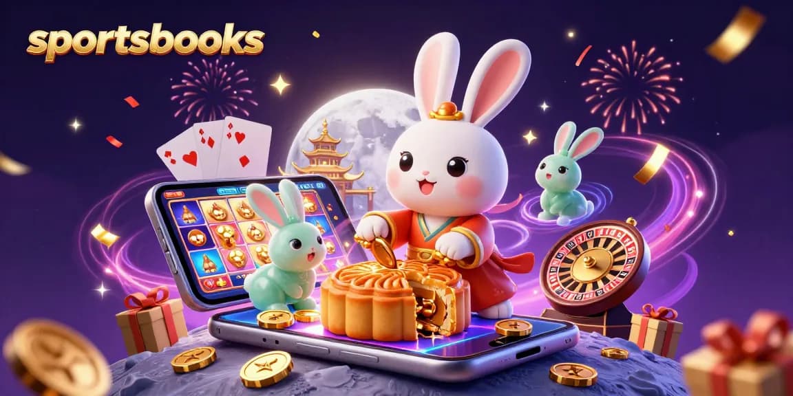 Experience the excitement of sportsbooks with a vibrant 3D casino illustration featuring playful moon rabbits and casino games.