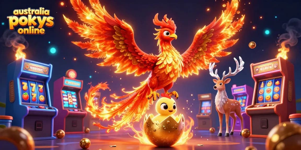 Spin to win with australia pokies online featuring colorful slot reels and a fiery phoenix.