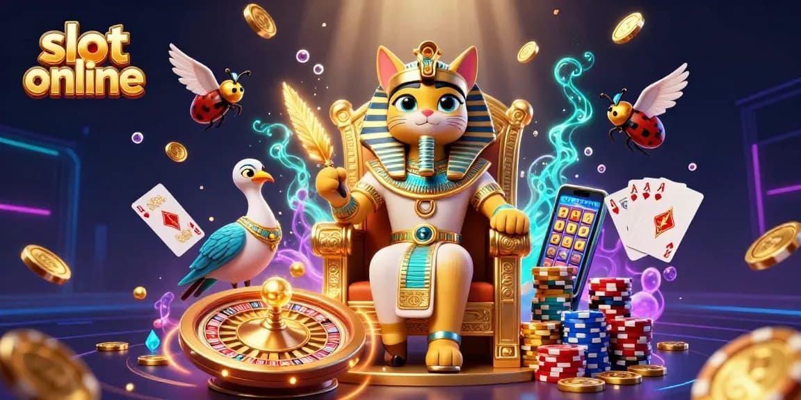 Menangkan jackpot pada slot online dengan ilustrasi kucing firaun dan banyak elemen kasino menakjubkan.