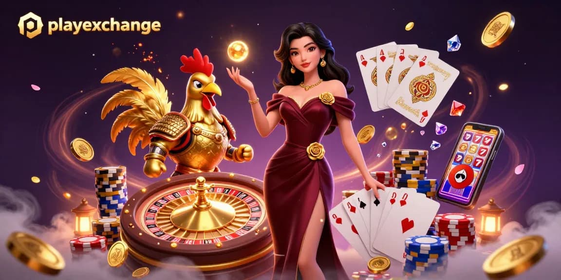 Experience the thrill of playexchange with a glamorous scene of casino excitement, featuring vibrant characters and rich visual elements.