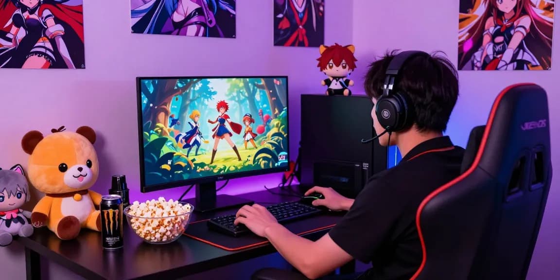 Engaged gamer enjoying hentai games in a vibrant anime-inspired gaming setup.