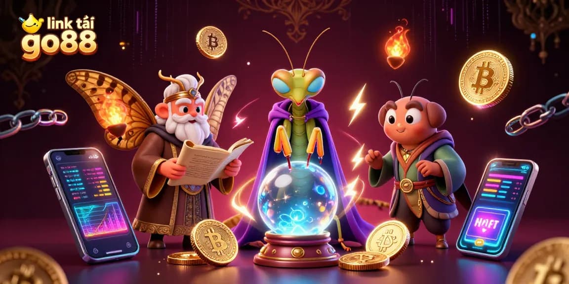 Engage with link tải go88 through an interactive online gaming scene filled with animated characters and crypto elements.