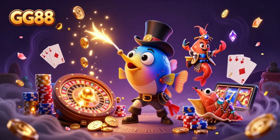 Experience the excitement of GG88 with a lively underwater casino scene featuring vibrant characters and dynamic gaming elements.