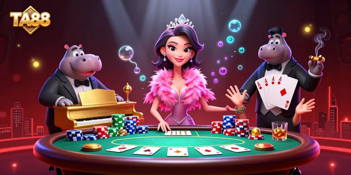 Engage with TA88's vibrant casino atmosphere featuring a flamingo singer and hippo bassist.