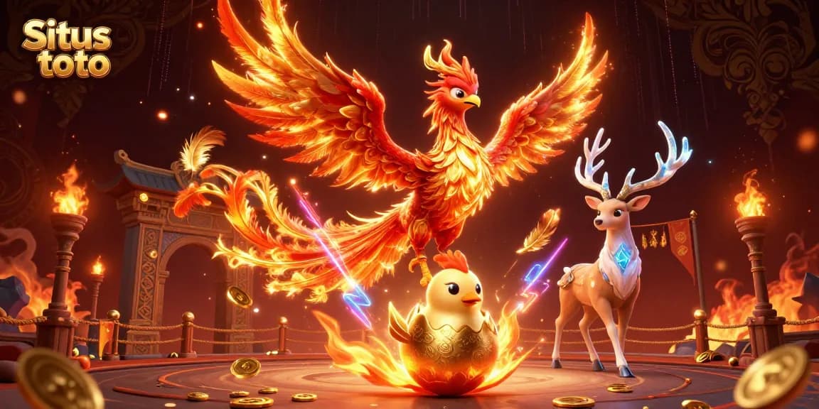 Situs toto showcases an energetic 3D illustration with a blazing phoenix, baby chick, and mystical stag in a vibrant casino environment.