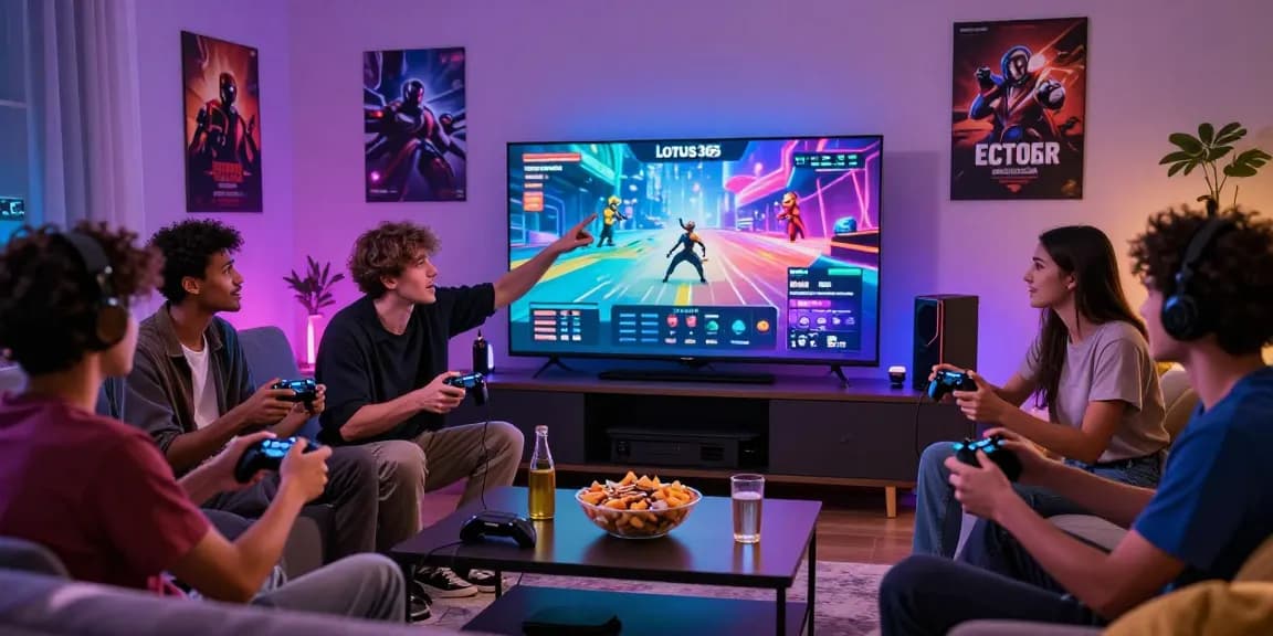Friends enjoying a gaming night with Lotus365 interface on screen, showcasing excitement and camaraderie.