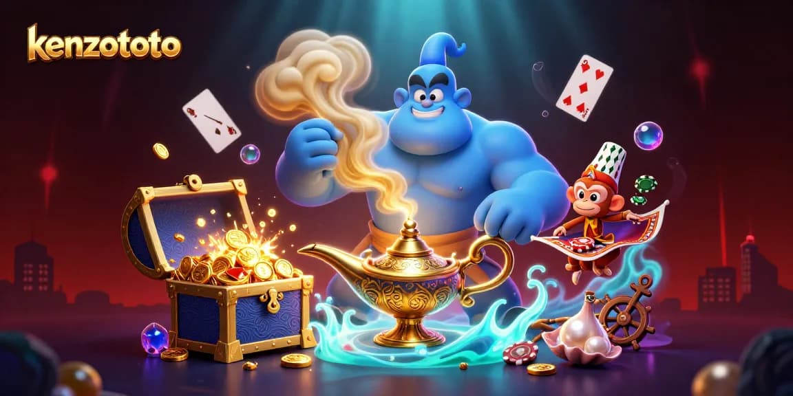 Engage with kenzototo's magical gaming experience featuring a genie and poker elements in a vibrant environment.